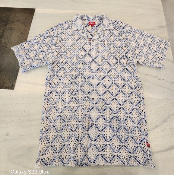 Stacy Adams Men"s Blue Geometric Floral Lattice Crochet Woven Shirt Size XL - Picture 8 of 11